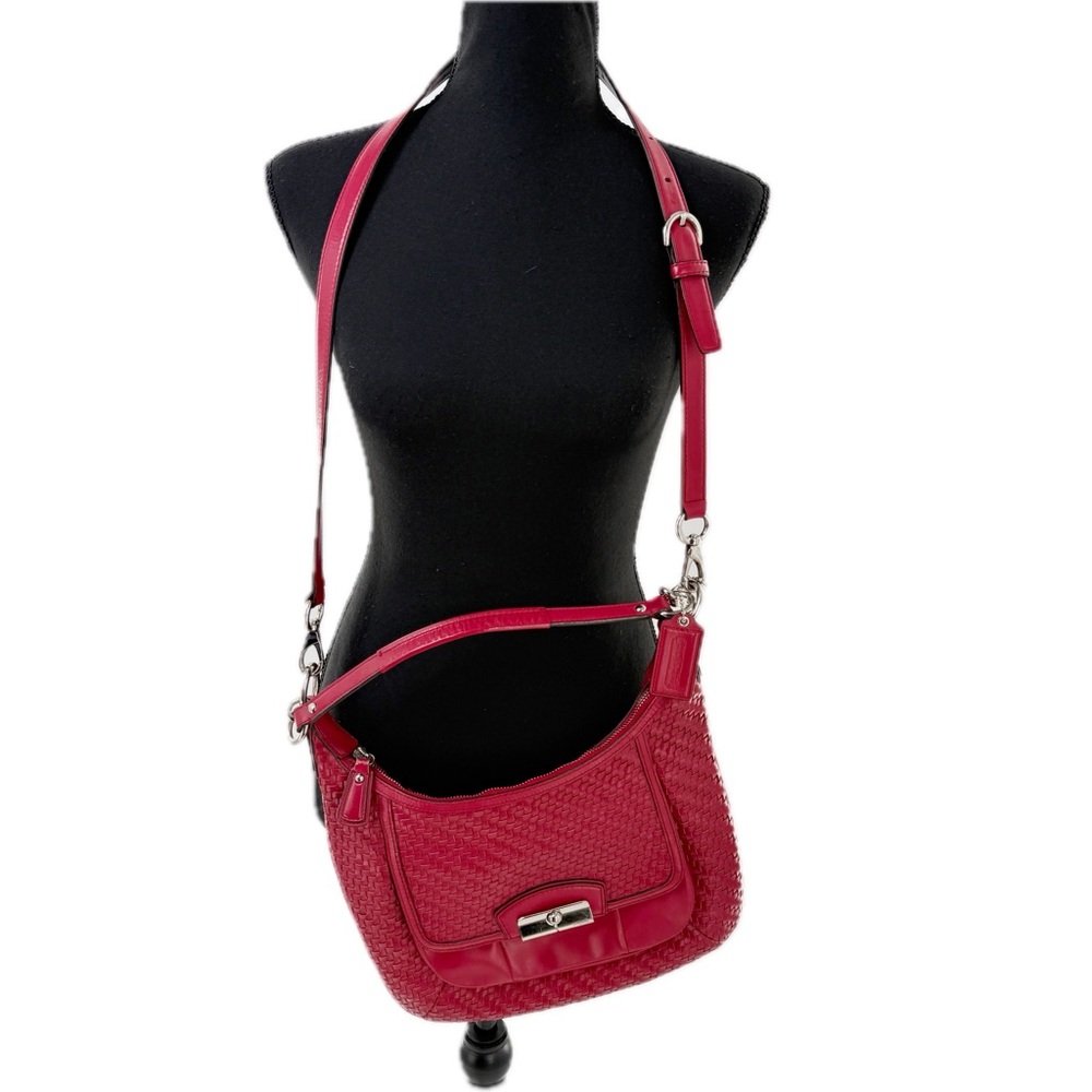 COACH Kristin Woven Leather Hobo Satchel Shoulder Crossbody Bag Scarlet Red - Picture 3 of 17